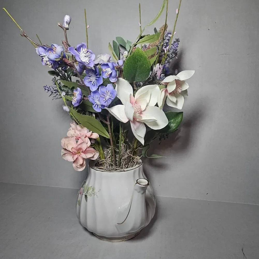 Handmade Artificial Floral Arrangement In Pink Floral Teapot Gold Accent